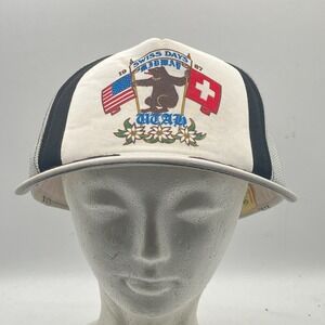 Vintage 1987‎ Swiss Days Midway Utah Trucker Hat USA Swiss Flags Bear